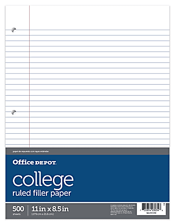 Office Depot® Brand Ruled Filler Paper, 8 1/2" x 11", College Ruled, White, Ream Of 500 Sheets