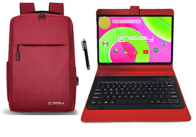 LINSAY® 12 OCTA CORE 256GB STORAGE Android 14 BUNDLE with RED KEYBOARD CASE and STYLISH COMPACT BACKPACK and PEN STYLUS