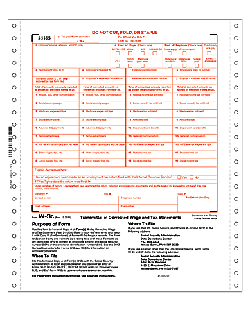 ComplyRight W-3C Continuous Tax Forms, Carbonless, 2-Part, 9 1/2" x 11", Pack Of 100