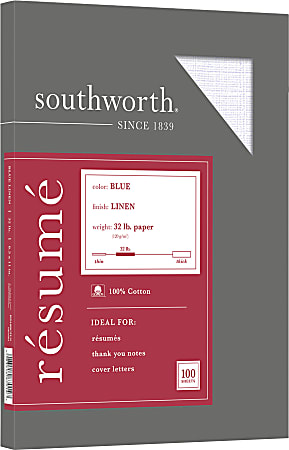 Southworth 100percent Cotton R sum Paper 8 12 x 11 32 Lb 100percent  Recycled Blue Pack Of 100 - Office Depot