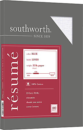 Southworth® 100% Cotton Résumé Paper, 8 1/2" x 11", 32 Lb, 100% Recycled, Blue, Pack Of 100