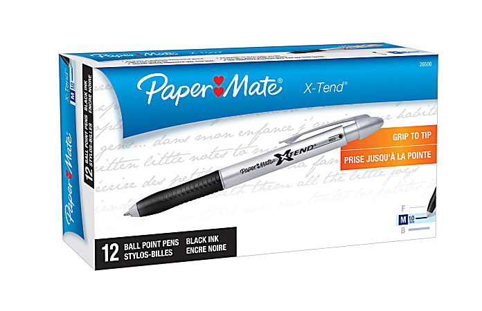 Paper Mate® X-Tend™ Retractable Ballpoint Pens, Medium Point, 1.0 mm, Black Barrel, Black Ink, Pack Of 12