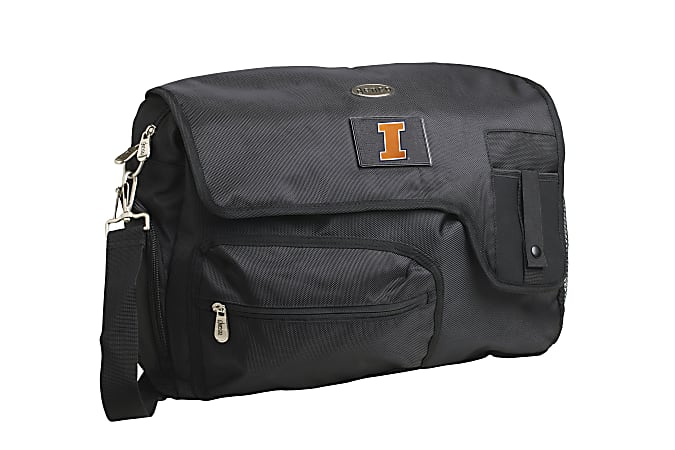 Denco Sports Luggage Travel Messenger Bag With 15" Laptop Pocket, Illinois Fighting Illini, 15 1/4"H x 12"W x 1 1/4"D, Black