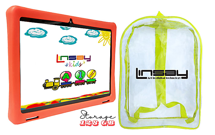 Linsay Octa Core Tablet, 10.1”, 4GB Memory, 128GB Storage, Android 13, With Red Kids Defender Case And Backpack