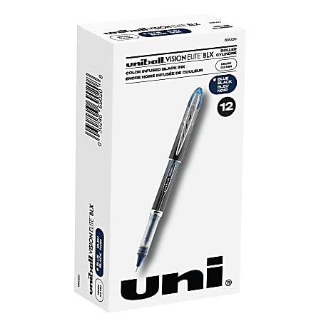 uni-ball® Vision™ Elite™ BLX Infusion Liquid Ink Rollerball Pens, Micro Point, 0.5 mm, Black Barrel, Black/Blue Ink, Pack Of 12