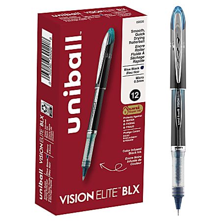 uni-ball® Vision™ Elite™ BLX Infusion Liquid Ink Rollerball Pens, Micro Point, 0.5 mm, Black Barrel, Black/Blue Ink, Pack Of 12