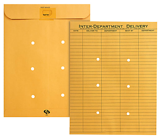 Quality Park® Redi-Tac™ Interdepartment Envelopes, 10" x 13", 1-Sided Narrow Rule, Self-Adhesive, Brown, Box Of 100