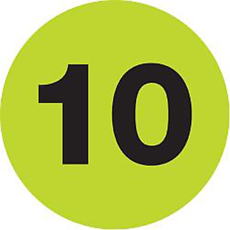 Tape Logic® Fluorescent Green - "10" Number Labels 2", DL6778, Roll of 500