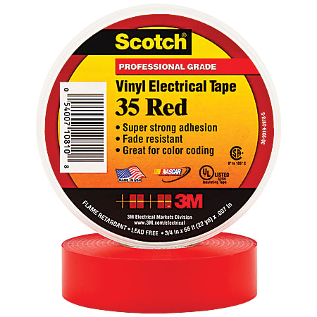 3M™ 35 Color-Coded Vinyl Electrical Tape, 1.5" Core, 0.75" x 66', Red, Pack Of 100