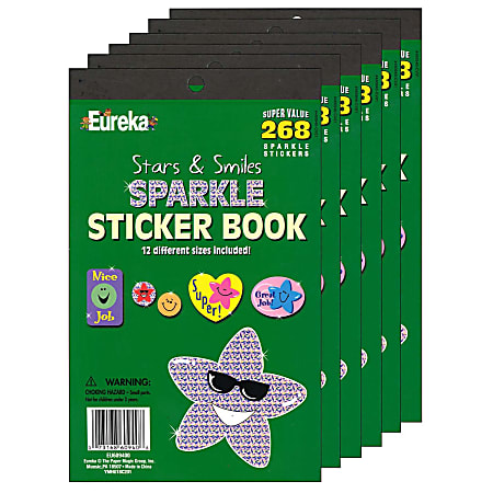 Eureka Sticker Books, Stars & Smiles Sparkle, 268 Stickers Per Book, Pack Of 6 Books