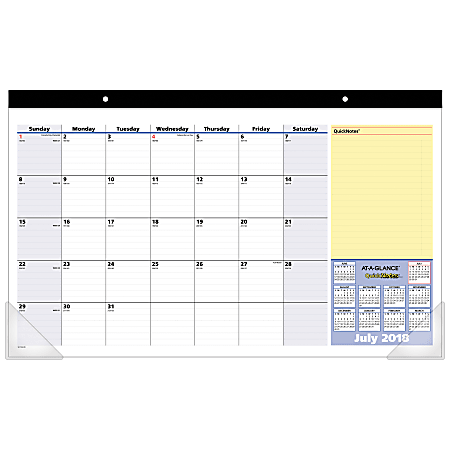 AT-A-GLANCE® QuickNotes® 13-Month Monthly Academic Desk Pad, 17 3/4" x 10 7/8", 30% Recycled, July 2018 to July 2019