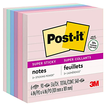 Post-it® Recycled Super Sticky Notes, 4 in x 4 in, 6 Pads, 90 Sheets/Pad, 30% Recycled, Lined, 2x the Sticking Power, Back to School Supplies for Students, Sticky Notes for Textbooks, Notebooks, Walls and Vertical Surfaces, Wanderlust Pastels Collection