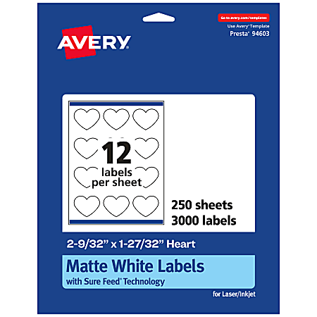 Avery® Permanent Labels With Sure Feed®, 94603-WMP250, Heart, 2-9/32" x 1-27/32", White, Pack Of 3,000