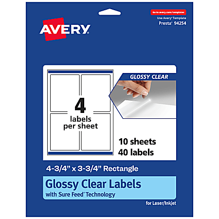 Avery® Glossy Permanent Labels With Sure Feed®, 94254-CGF10, Rectangle, 4-3/4" x 3-3/4", Clear, Pack Of 40