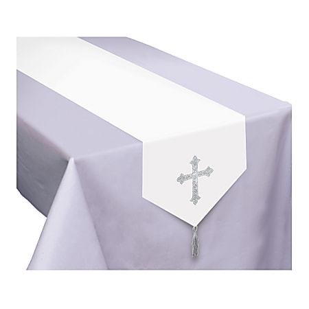 Amscan Religious Communion Fabric Table Runner, 72" x 13", White/Silver