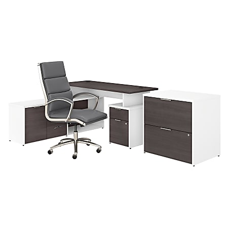 Bush Business Furniture Jamestown 60"W L-Shaped Desk With Lateral File Cabinet And High-Back Office Chair, Storm Gray/White, Standard Delivery