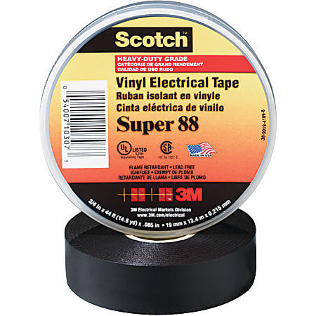 3M™ Super 88 Electrical Tape, 1.5" Core, 1.5" x 44', Black, Pack Of 100