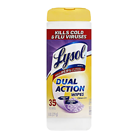 Lysol Dual Action Wipes - For Multi Surface - Citrus Scent - 35 / Canister - 1 Each - White/Purple