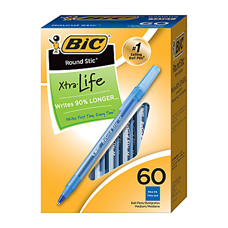 BIC® Round Stic® Ballpoint Pens, Medium Point, 1.0 mm, Translucent Barrel, Blue Ink, Box Of 60