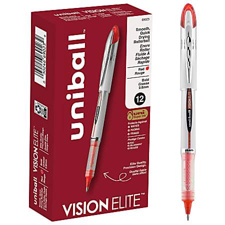 uni-ball® Vision™ Elite™ Liquid Ink Rollerball Pens, Bold Point, 0.8 mm, White Barrel, Red Ink, Pack Of 12