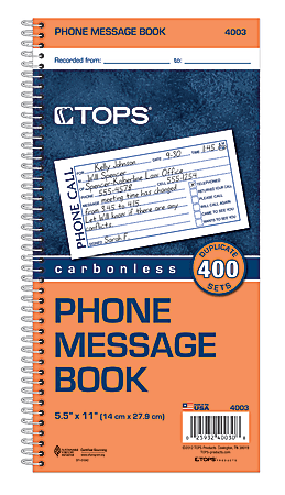 TOPS™ Phone Message Book, 2-Part, 11" x 5 1/2", 4 Messages Per Page, 100 Pages (100 Sheets), White/Canary