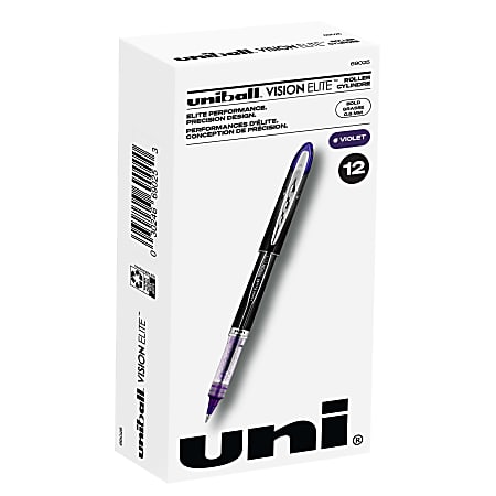 uni-ball® Vision™ Elite™ Liquid Ink Rollerball Pens, Bold Point, 0.8 mm, White Barrel, Purple Ink, Pack Of 12