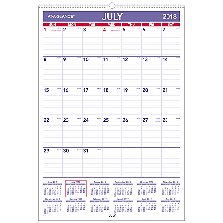 AT-A-GLANCE® Academic Monthly Wall Calendar, 15 1/2" x 22 3/4", 30% Recycled, Blue/Red, July 2018 to June 2019