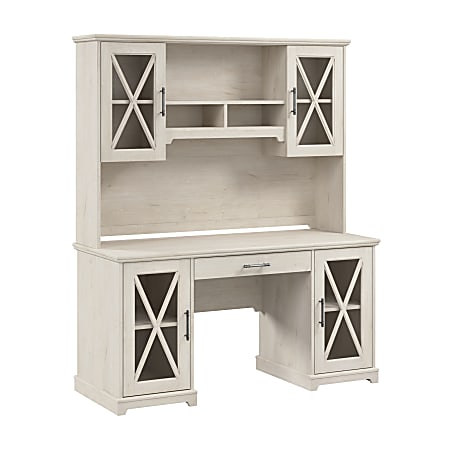 Bush Business Furniture Lennox 60"W Farmhouse Computer Desk With Hutch And Keyboard Tray, Linen White Oak, Standard Delivery