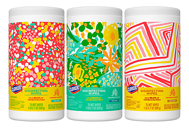 Clorox Oh Joy! Designer Collection Bleach-Free Disinfecting Wipes, Citrus Scent, 75 Wipes Per Canister, Pack Of 3 Canisters