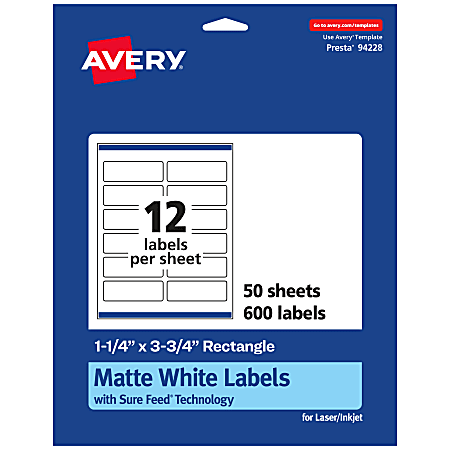 Avery® Permanent Labels With Sure Feed®, 94228-WMP50, Rectangle, 1-1/4" x 3-3/4", White, Pack Of 600