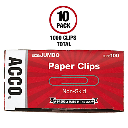 ACCO Economy Non Skid Paper Clips 1000 Total Jumbo Silver 100 Per