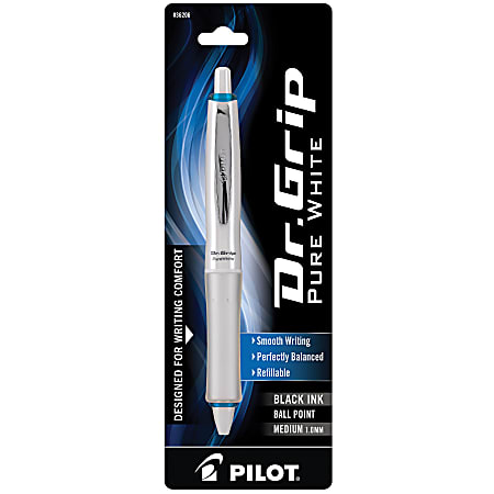 Pilot® Dr. Grip™ Retractable Ballpoint Pen, Medium Point, 1.0 mm, White Barrel, Black Ink
