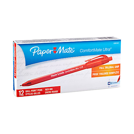 Paper Mate® Comfortmate™ Ultra Retractable Ballpoint Pens, Medium Point, 1.0 mm, Red Barrel, Red Ink, Pack Of 12