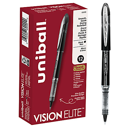 uni-ball® Vision™ Elite™ Liquid Ink Rollerball Pens, Micro Point, 0.5 mm, Black Barrel, Black Ink, Pack Of 12