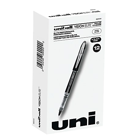 uni-ball® Vision™ Elite™ Liquid Ink Rollerball Pens, Micro Point, 0.5 mm, Black Barrel, Black Ink, Pack Of 12