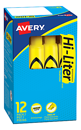 Avery® Hi-Liter® SmearSafe® Highlighters, Chisel Tip, Desk-Style, Yellow, Pack Of 12 Highlighters