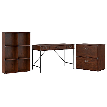 kathy ireland® Home by Bush Furniture Ironworks 48"W Writing Desk, 6 Cube Bookcase, And Lateral File Cabinet, Coastal Cherry, Standard Delivery