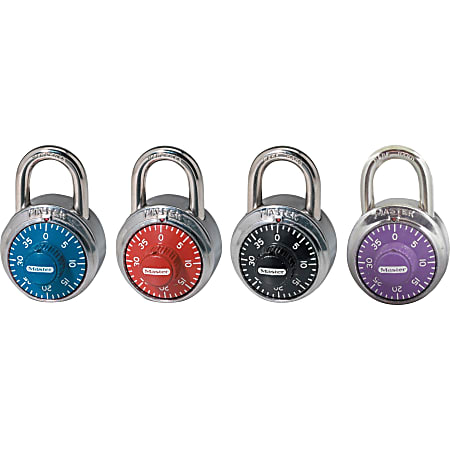 Master Lock Colored Dial Combination padlocks - 3 Digit - 0.28" Shackle Diameter - Cut Resistant - Stainless Steel Body, Steel Shackle - Black, Red, Purple, Blue - 1 Each