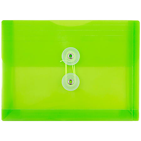 JAM Paper® Index Booklet Plastic Envelopes, 5 1/2" x 7 1/2", Button & String Closure, Lime Green, Pack Of 12