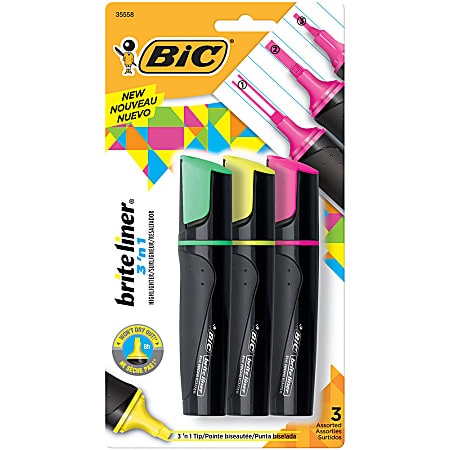 BIC® Brite Liner® 3-In-1 Highlighters, Chisel Tip, Assorted Colors, Pack Of 3