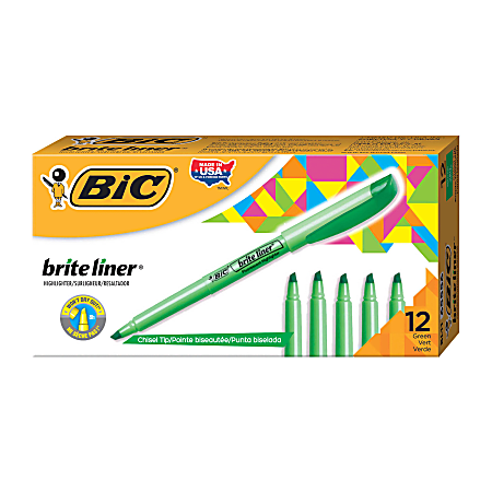 BIC® Brite Liner® Highlighters, Pocket Style, Chisel Tip, Green, Box Of 12