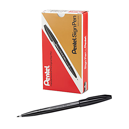 Pentel® Sign Pens®, Fine Point, 2.0 mm, Black Barrel, Black Ink, Pack Of 12 Pens