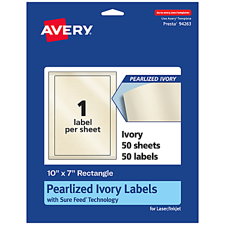 Avery® Pearlized Permanent Labels With Sure Feed®, 94263-PIP50, Rectangle, 10" x 7", Ivory, Pack Of 50 Labels