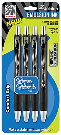 Zebra® Z-Mulsion EX Retractable Pen, Medium Point, 1.0 mm, Black Barrel, Black Ink, Pack Of 4