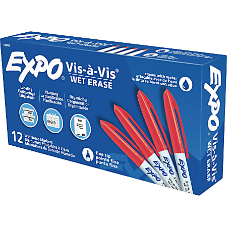 EXPO® Vis-A-Vis® Wet-Erase Fine-Tip Markers, Red, Box Of