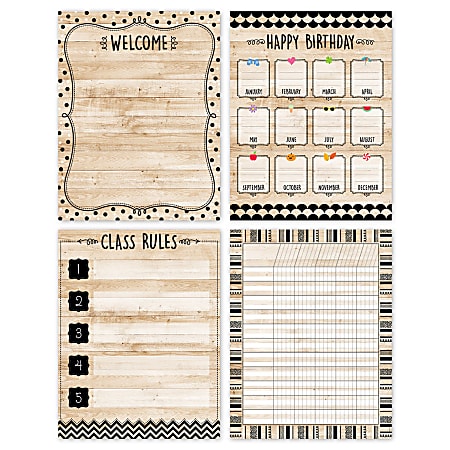 Creative Teaching Press Core Decor Classroom Essentials Charts, Black, White And Wood, 22" x 17", Pack Of 4 Charts