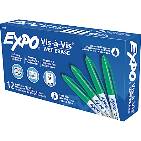 EXPO® Vis-A-Vis® Wet-Erase Fine-Tip Markers, Green, Box Of 12