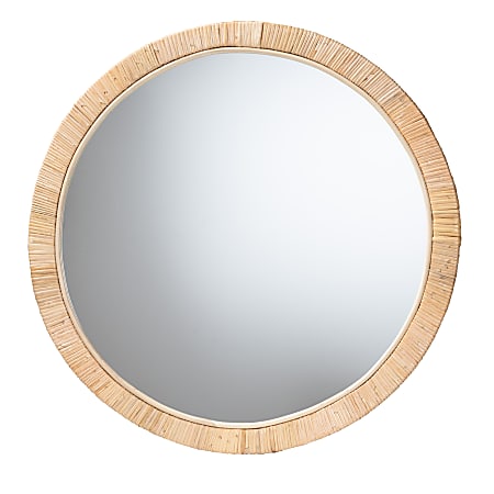 bali & pari Bella Modern Bohemian Mahogany Wood And Natural Rattan Round Mirror, 29-1/2"H x 29-1/2"W x 1"D, Natural Brown