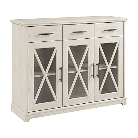 Bush® Furniture Lennox 46"W Farmhouse Sideboard Buffet Cabinet With Drawers, Linen White Oak, Standard Delivery