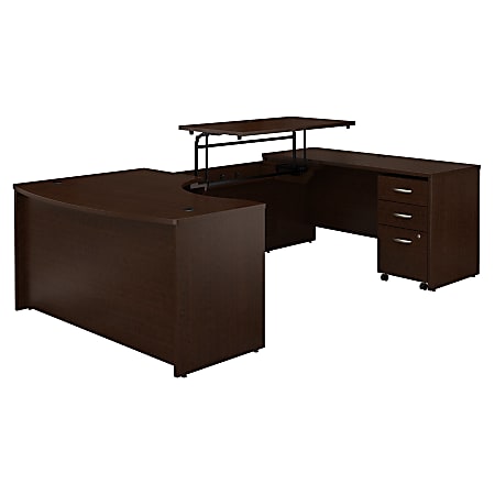 Bush Business Furniture Components 60"W Right Hand 3 Position Sit to Stand U Shaped Desk with Mobile File Cabinet, Mocha Cherry, Standard Delivery